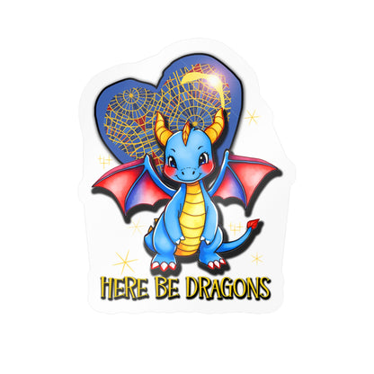 Here Be Dragons Kiss-Cut Vinyl Sticker — Cute Blue Dragon Decal for Laptops, Water Bottles & Windows