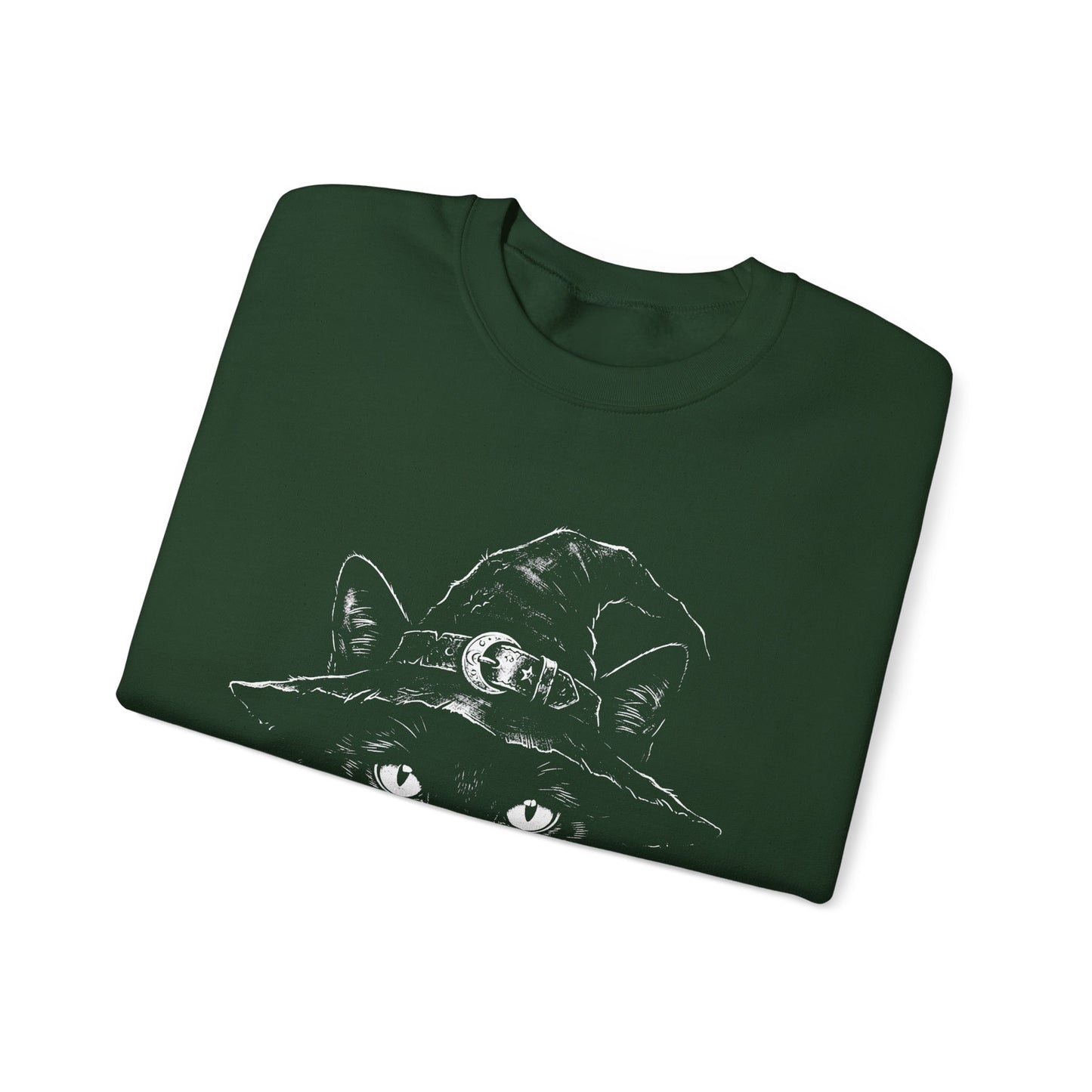 Witch Cat Crewneck Sweatshirt – Black Cat in Witch Hat Graphic