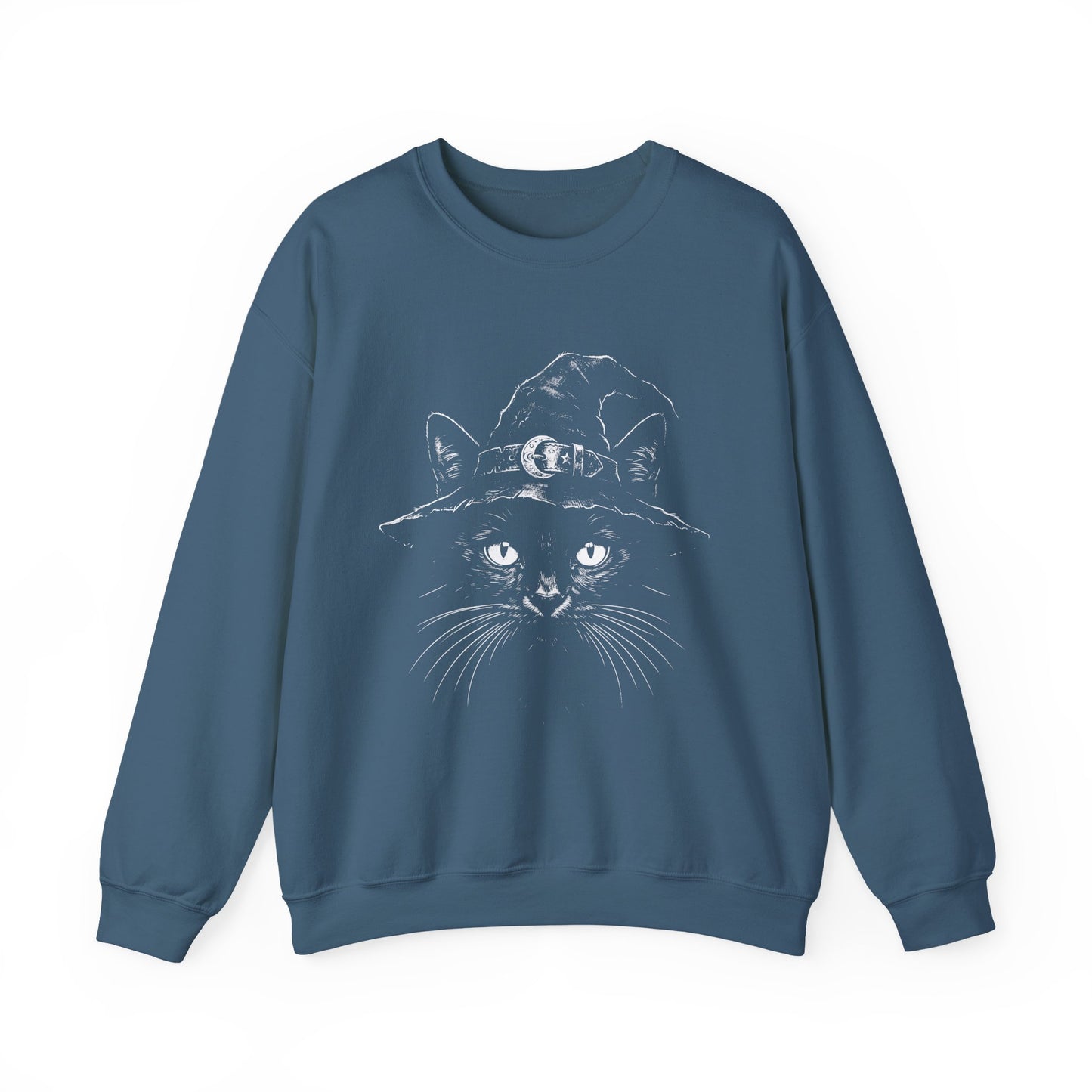 Witch Cat Crewneck Sweatshirt – Black Cat in Witch Hat Graphic