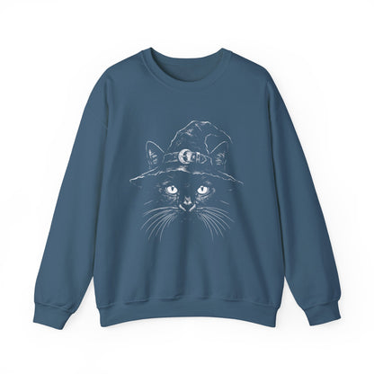 Witch Cat Crewneck Sweatshirt – Black Cat in Witch Hat Graphic
