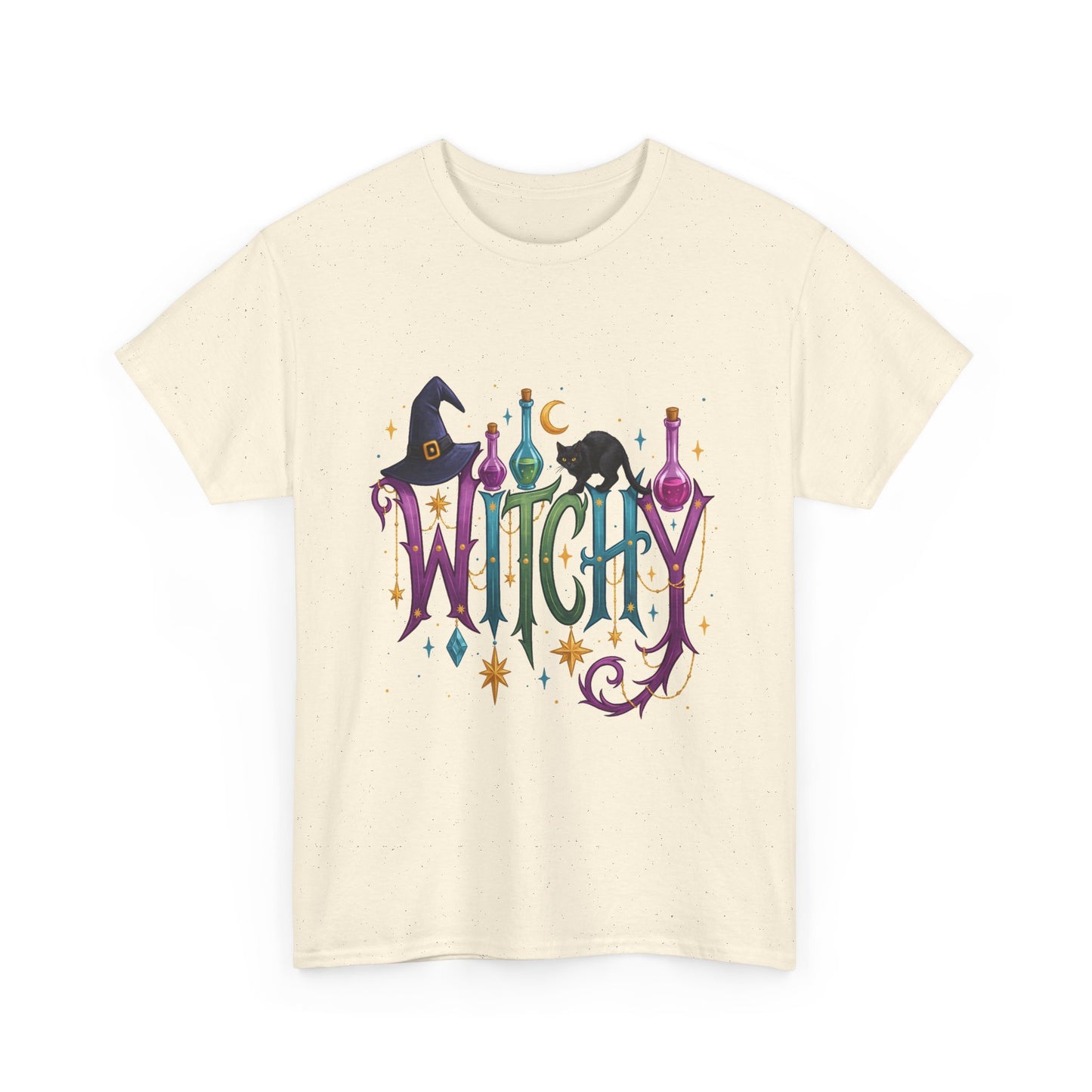 Witchy Graphic Tee — Colorful Witch Hat, Black Cat & Potion Bottles Halloween T-Shirt