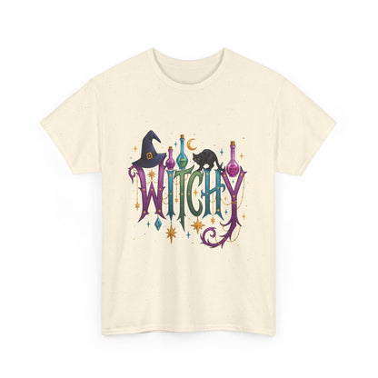 Witchy Graphic Tee — Colorful Witch Hat, Black Cat & Potion Bottles Halloween T-Shirt