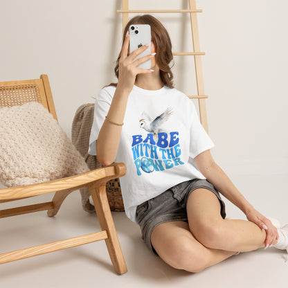 Babe With the Power Graphic Tee — Retro Blue Psychedelic Owl Design