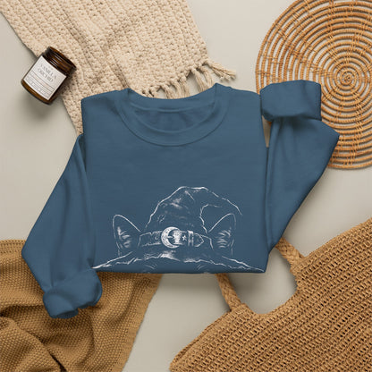 Witch Cat Crewneck Sweatshirt – Black Cat in Witch Hat Graphic