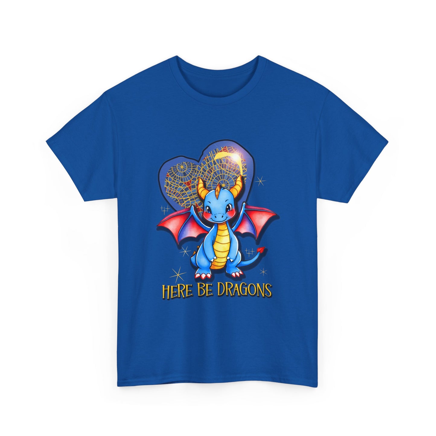 Dragon Heart T‑Shirt — Cute Blue Dragon 'Here Be Dragons' Tee