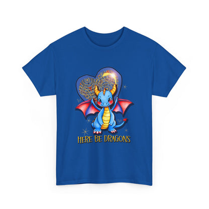 Dragon Heart T‑Shirt — Cute Blue Dragon 'Here Be Dragons' Tee