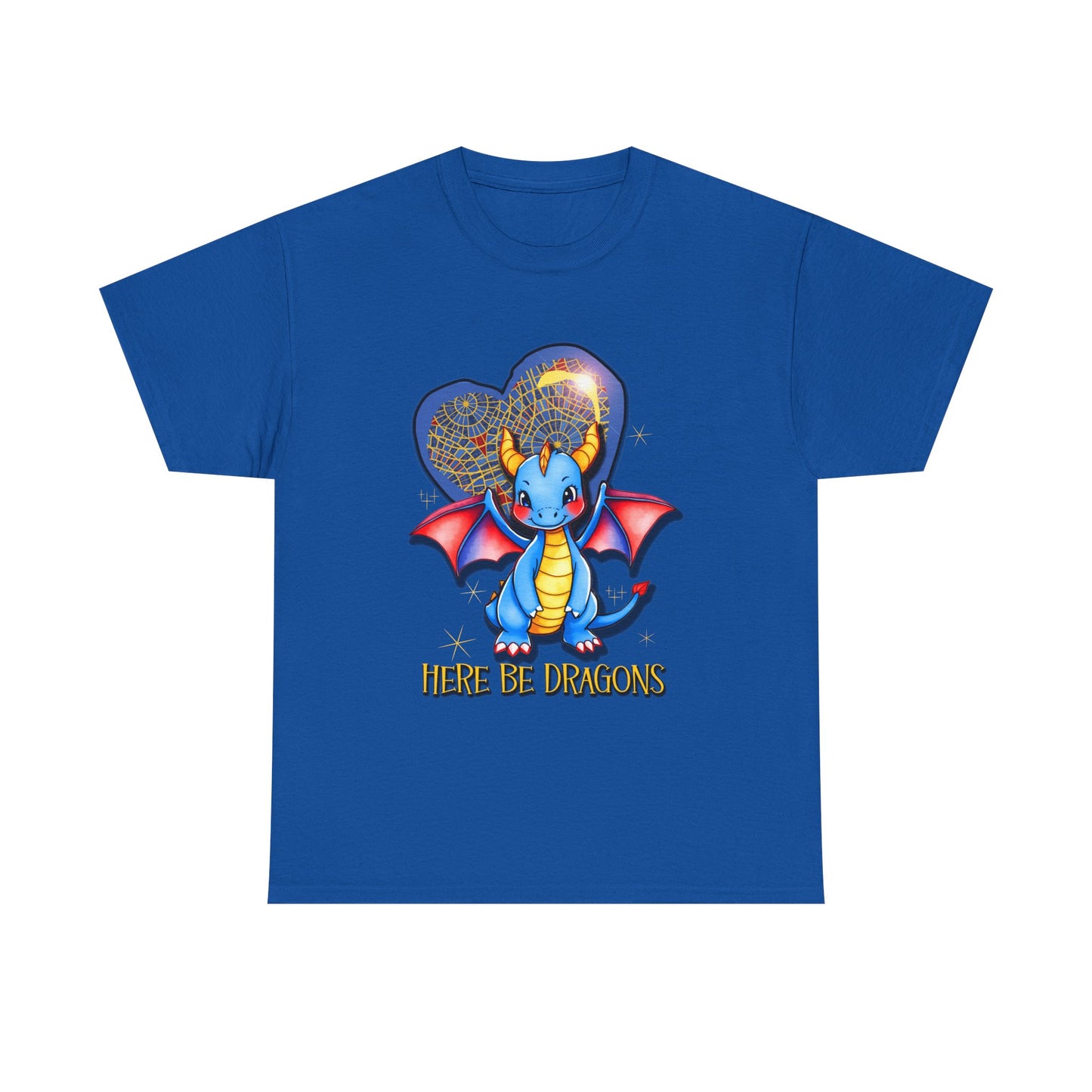 Dragon Heart T‑Shirt — Cute Blue Dragon 'Here Be Dragons' Tee