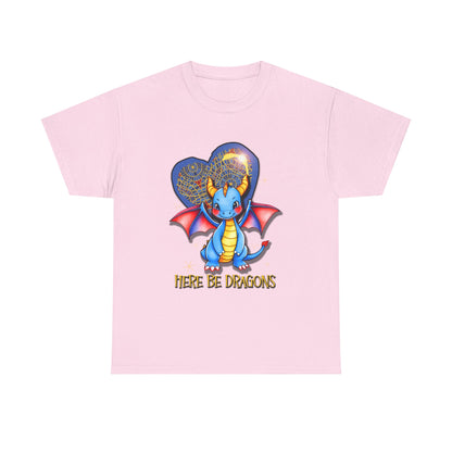 Dragon Heart T‑Shirt — Cute Blue Dragon 'Here Be Dragons' Tee