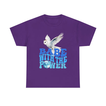 Babe With the Power Graphic Tee — Retro Blue Psychedelic Owl Design
