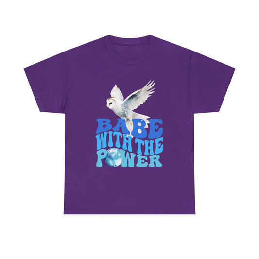Babe With the Power Graphic Tee — Retro Blue Psychedelic Owl Design