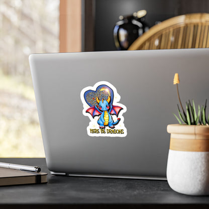 Here Be Dragons Kiss-Cut Vinyl Sticker — Cute Blue Dragon Decal for Laptops, Water Bottles & Windows