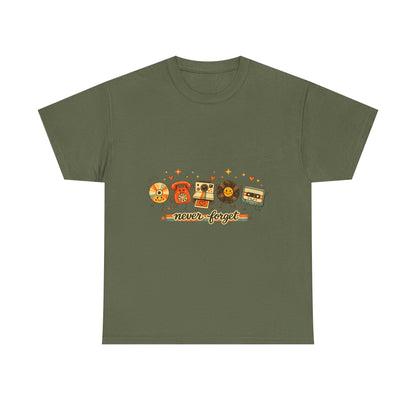 Retro Music Tee — "Never Forget" Vinyl, Cassette & CD Throwback Shirt