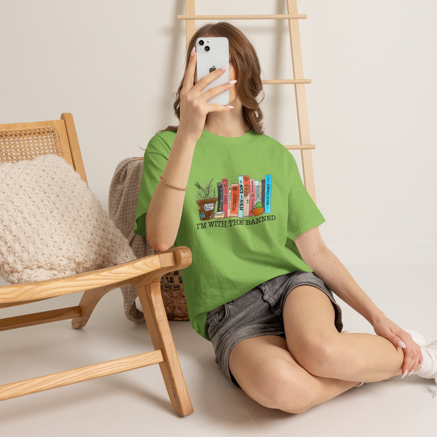Book Lover T-Shirt — “I’m With the Banned” Illustrated Bookshelf Tee