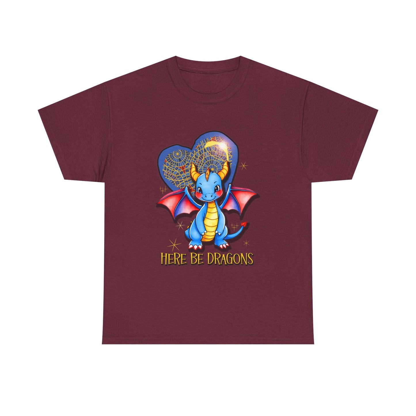 Dragon Heart T‑Shirt — Cute Blue Dragon 'Here Be Dragons' Tee