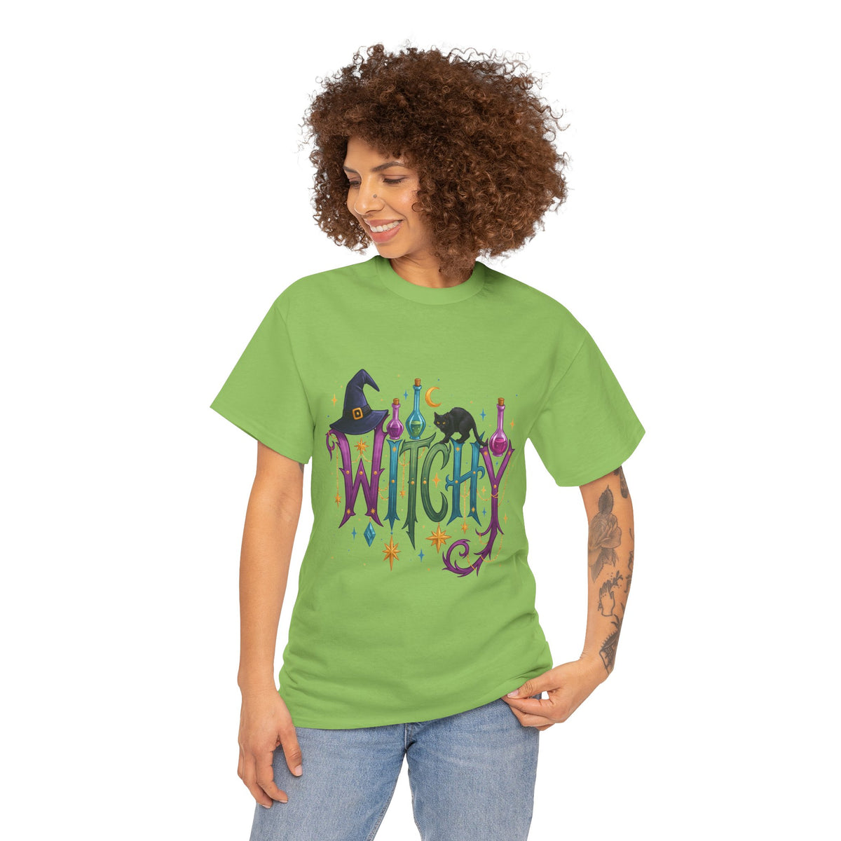 Witchy Graphic Tee — Colorful Witch Hat, Black Cat & Potion Bottles Halloween T-Shirt
