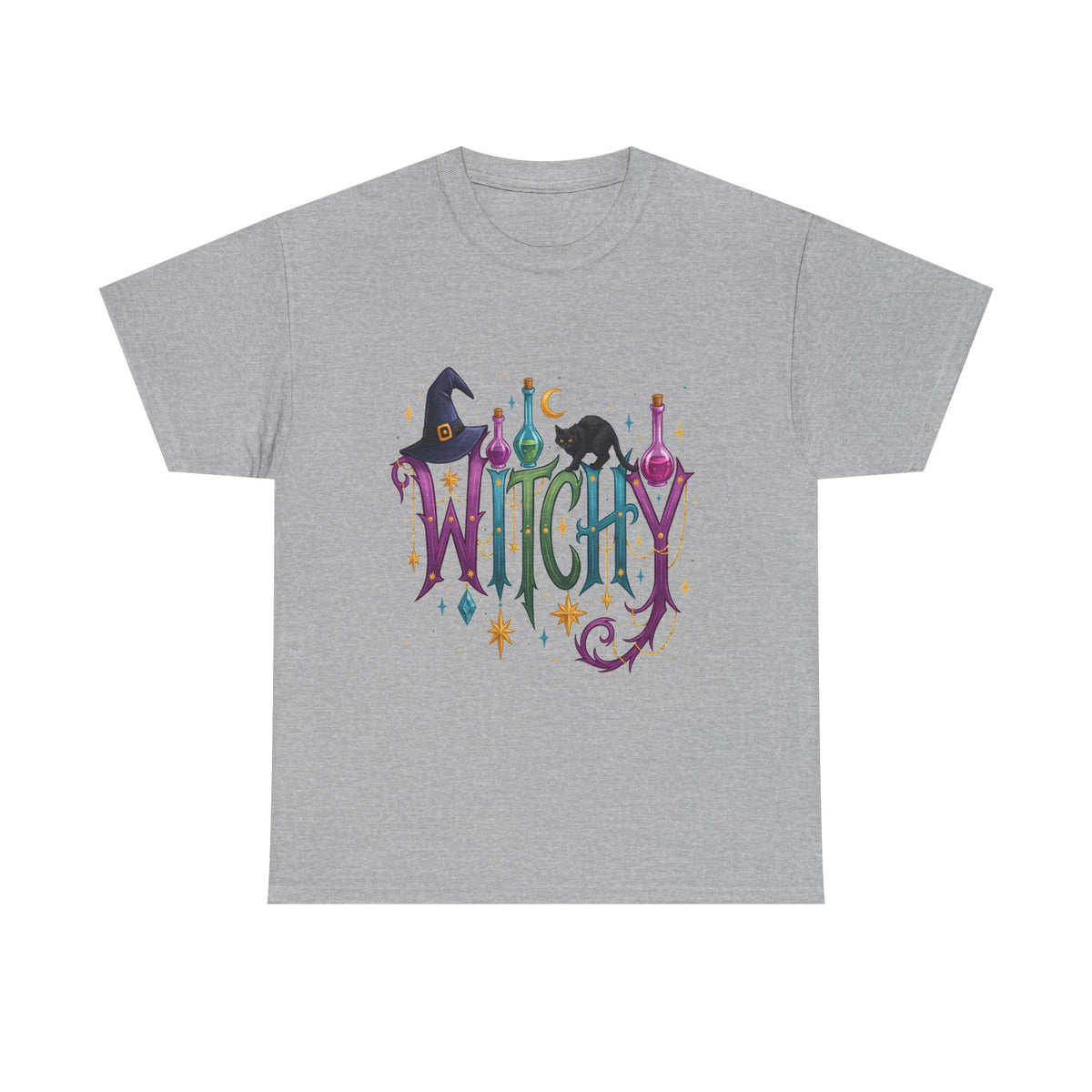 Witchy Graphic Tee — Colorful Witch Hat, Black Cat & Potion Bottles Halloween T-Shirt