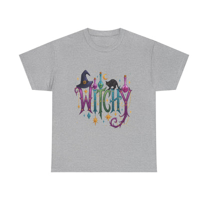 Witchy Graphic Tee — Colorful Witch Hat, Black Cat & Potion Bottles Halloween T-Shirt