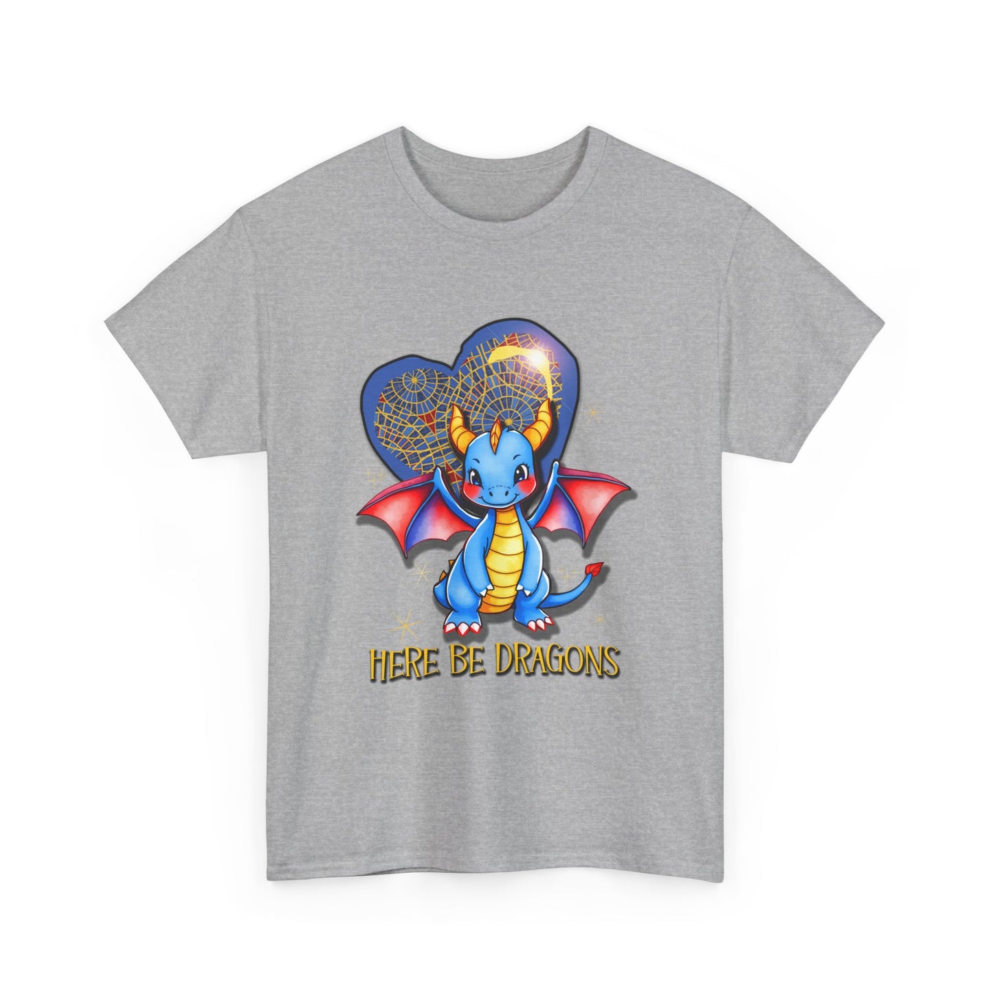 Dragon Heart T‑Shirt — Cute Blue Dragon 'Here Be Dragons' Tee