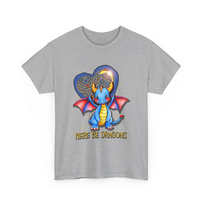 Dragon Heart T‑Shirt — Cute Blue Dragon 'Here Be Dragons' Tee