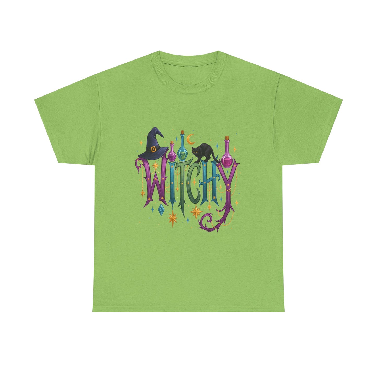 Witchy Graphic Tee — Colorful Witch Hat, Black Cat & Potion Bottles Halloween T-Shirt