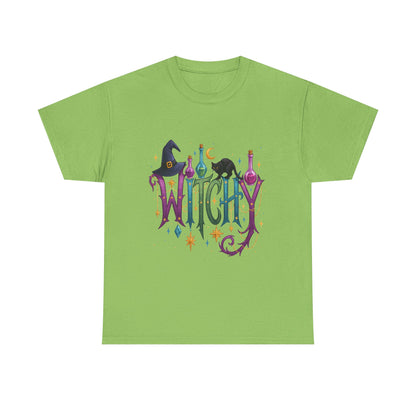 Witchy Graphic Tee — Colorful Witch Hat, Black Cat & Potion Bottles Halloween T-Shirt