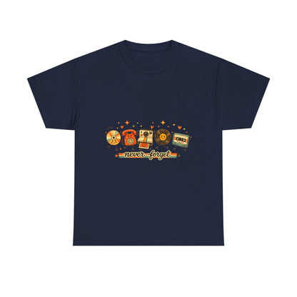 Retro Music Tee — "Never Forget" Vinyl, Cassette & CD Throwback Shirt