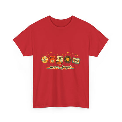 Retro Music Tee — "Never Forget" Vinyl, Cassette & CD Throwback Shirt