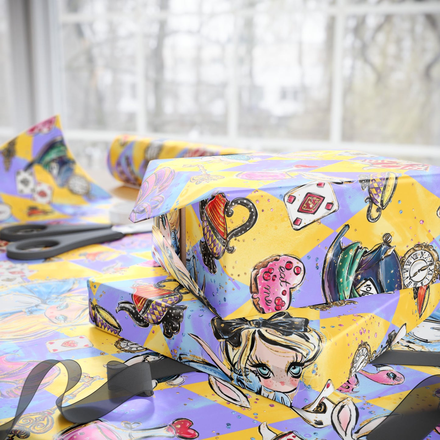 Alice in Wonderland Patterned Gift Wrap (Clocks, Teacups & Playing Cards)