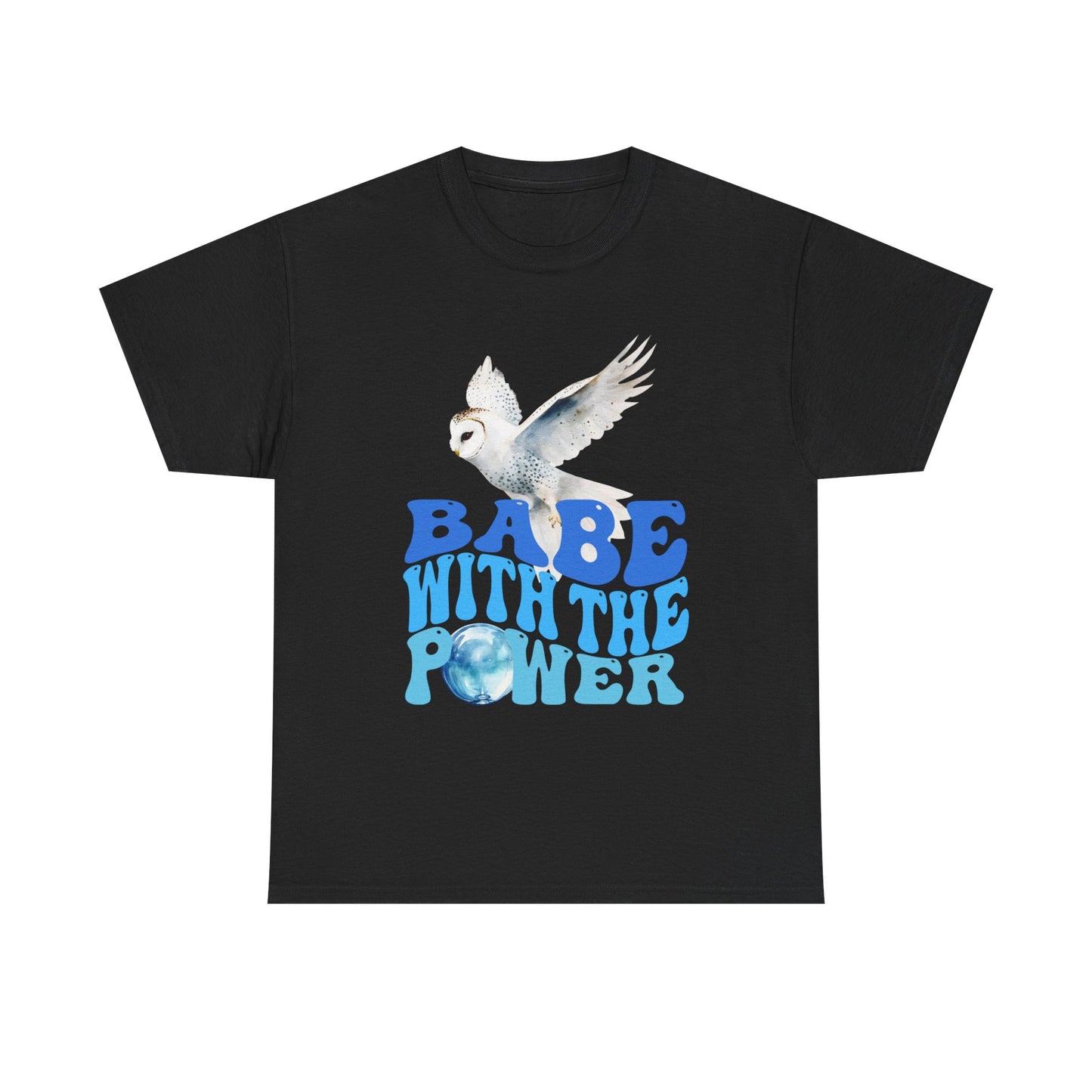 Babe With the Power Graphic Tee — Retro Blue Psychedelic Owl Design