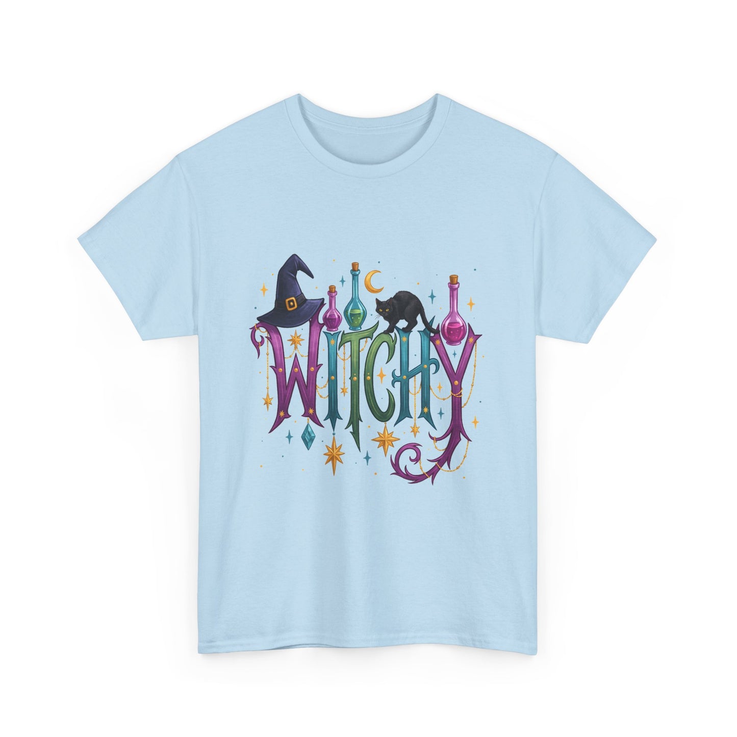 Witchy Graphic Tee — Colorful Witch Hat, Black Cat & Potion Bottles Halloween T-Shirt