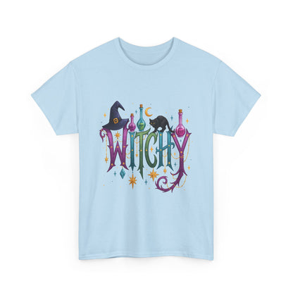 Witchy Graphic Tee — Colorful Witch Hat, Black Cat & Potion Bottles Halloween T-Shirt