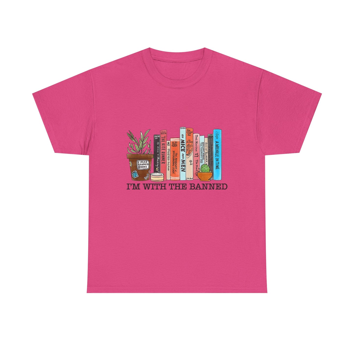 Book Lover T-Shirt — “I’m With the Banned” Illustrated Bookshelf Tee