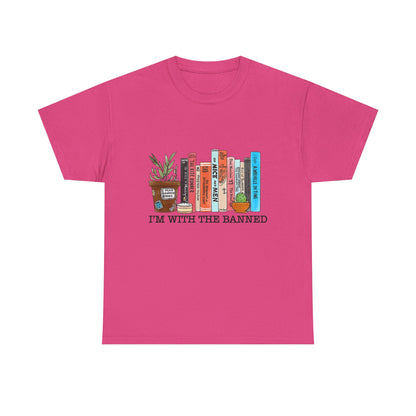 Book Lover T-Shirt — “I’m With the Banned” Illustrated Bookshelf Tee