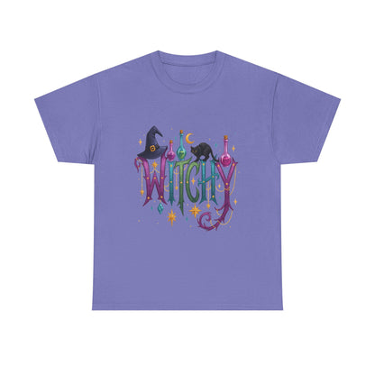 Witchy Graphic Tee — Colorful Witch Hat, Black Cat & Potion Bottles Halloween T-Shirt