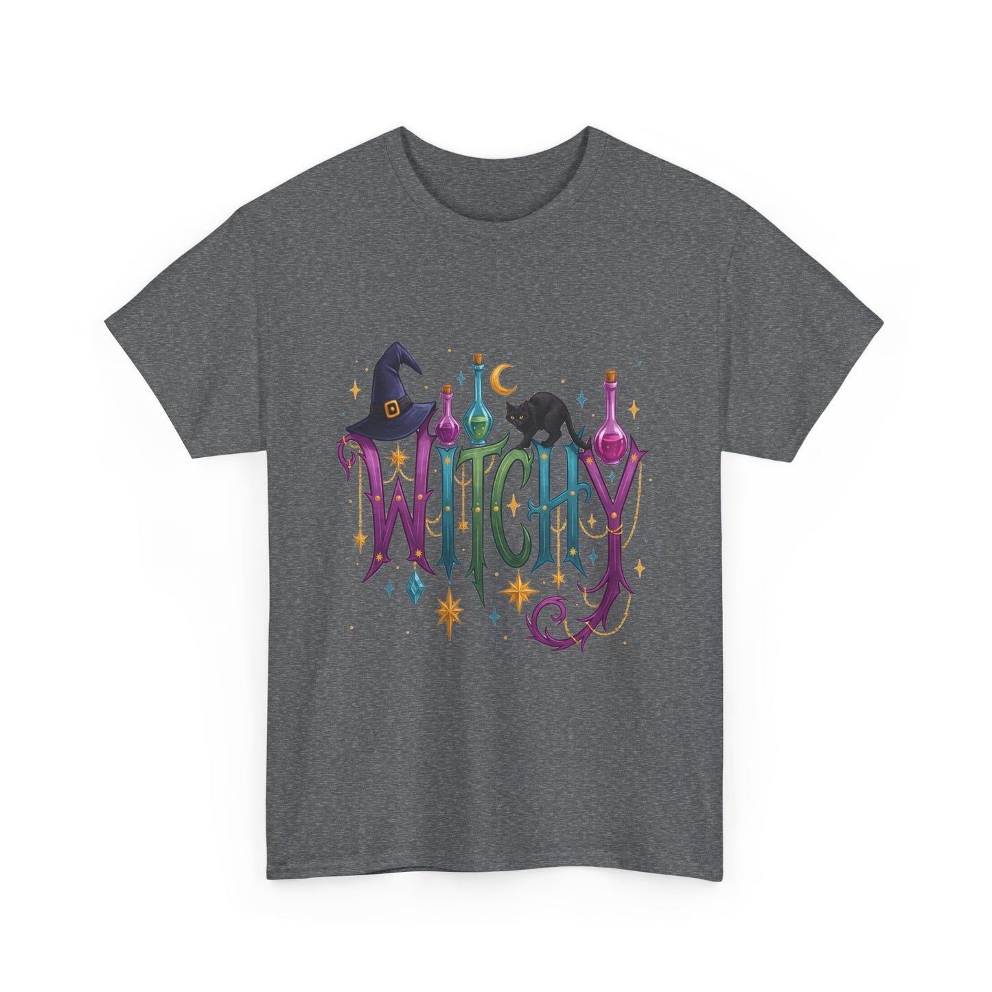 Witchy Graphic Tee — Colorful Witch Hat, Black Cat & Potion Bottles Halloween T-Shirt
