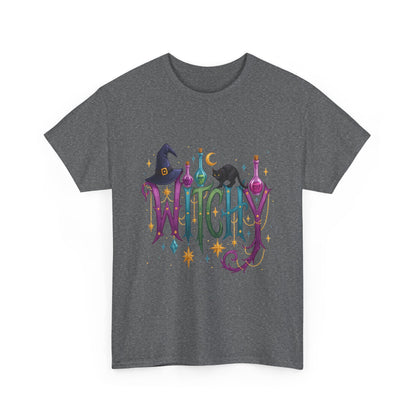 Witchy Graphic Tee — Colorful Witch Hat, Black Cat & Potion Bottles Halloween T-Shirt