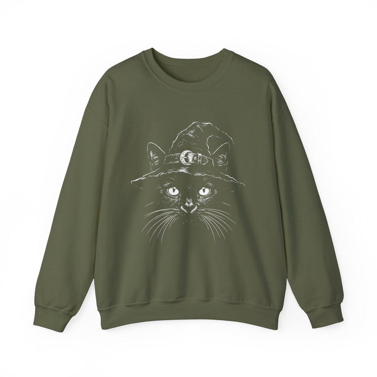 Witch Cat Crewneck Sweatshirt – Black Cat in Witch Hat Graphic