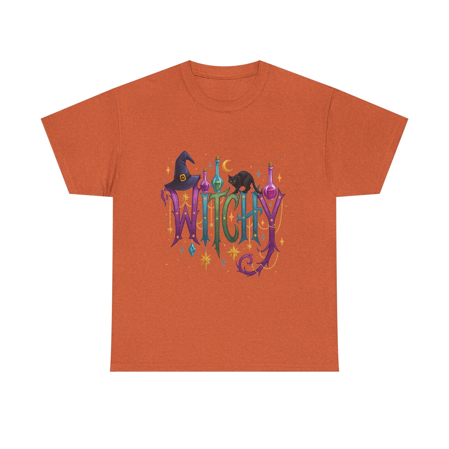 Witchy Graphic Tee — Colorful Witch Hat, Black Cat & Potion Bottles Halloween T-Shirt