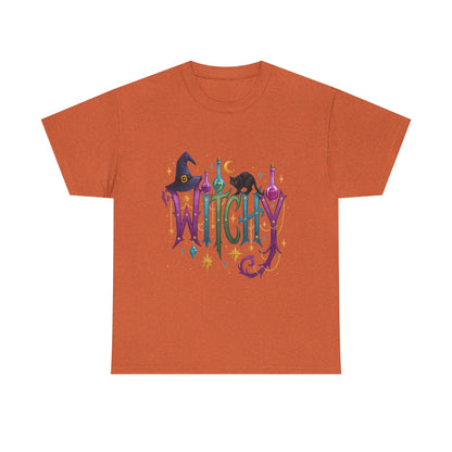 Witchy Graphic Tee — Colorful Witch Hat, Black Cat & Potion Bottles Halloween T-Shirt
