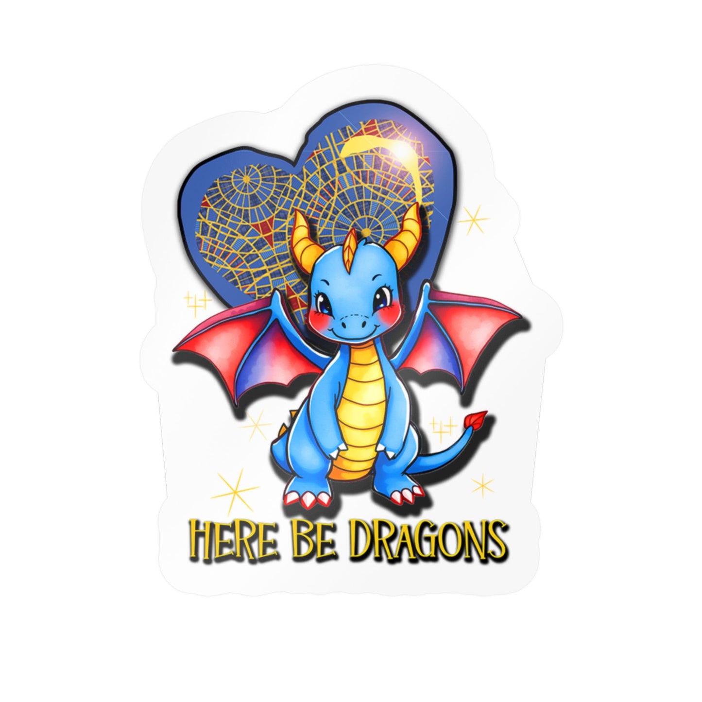 Here Be Dragons Kiss-Cut Vinyl Sticker — Cute Blue Dragon Decal for Laptops, Water Bottles & Windows