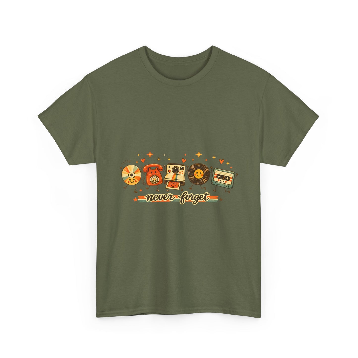 Retro Music Tee — "Never Forget" Vinyl, Cassette & CD Throwback Shirt