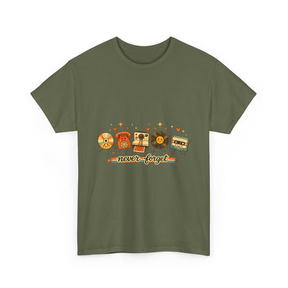 Retro Music Tee — "Never Forget" Vinyl, Cassette & CD Throwback Shirt