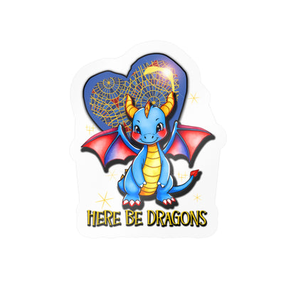 Here Be Dragons Kiss-Cut Vinyl Sticker — Cute Blue Dragon Decal for Laptops, Water Bottles & Windows