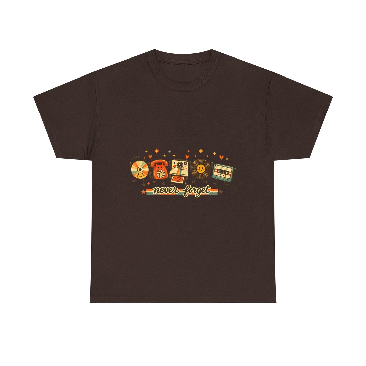 Retro Music Tee — "Never Forget" Vinyl, Cassette & CD Throwback Shirt