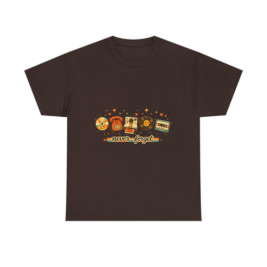 Retro Music Tee — "Never Forget" Vinyl, Cassette & CD Throwback Shirt