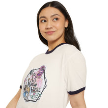 We're all mad here  Unisex Cotton Ringer T-Shirt