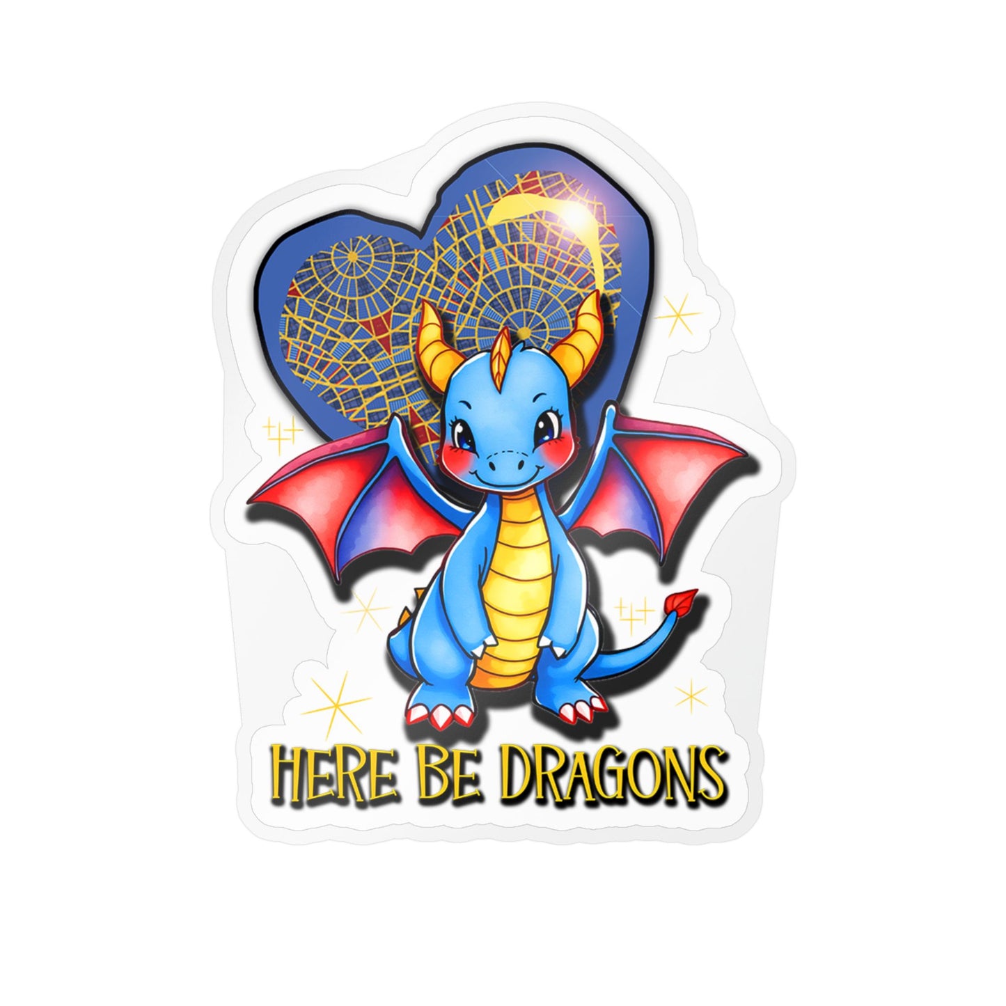 Here Be Dragons Kiss-Cut Vinyl Sticker — Cute Blue Dragon Decal for Laptops, Water Bottles & Windows