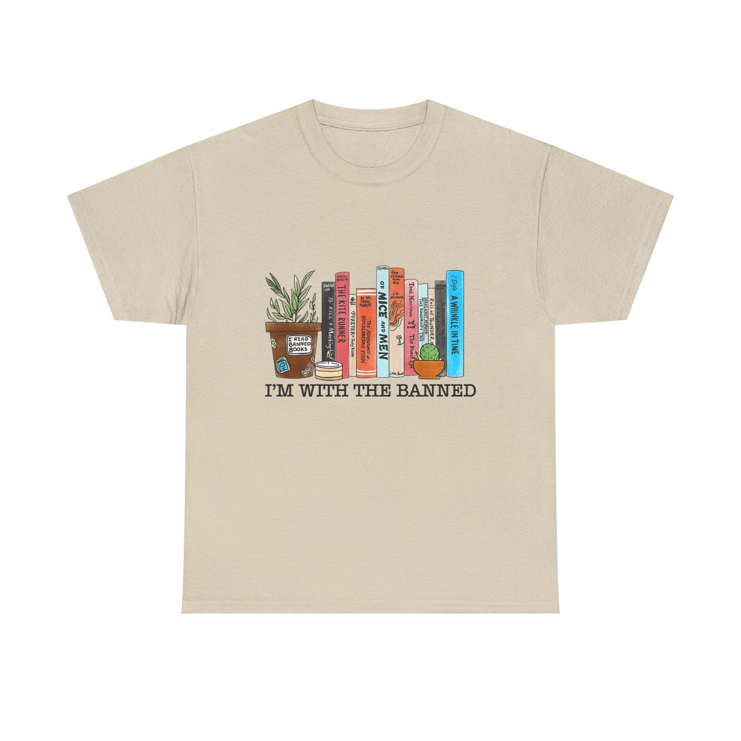 Book Lover T-Shirt — “I’m With the Banned” Illustrated Bookshelf Tee