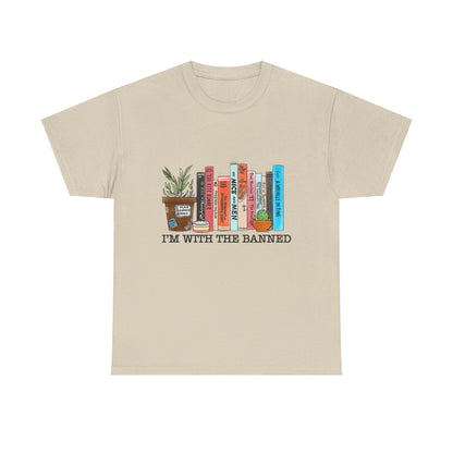 Book Lover T-Shirt — “I’m With the Banned” Illustrated Bookshelf Tee