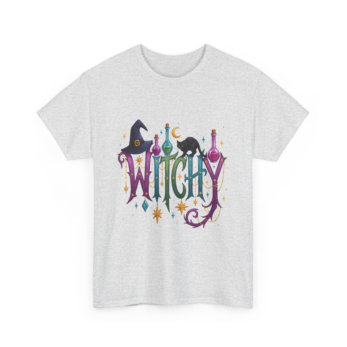 Witchy Graphic Tee — Colorful Witch Hat, Black Cat & Potion Bottles Halloween T-Shirt